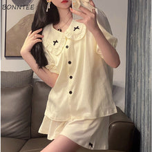 Load image into Gallery viewer, Pajama Sets Women Bow Fashion Harajuku Casual Summer Popular Nightwear Turn Down Collar Simple Preppy Style Female Lovely Girls