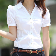 將圖片載入圖庫檢視器 Women's Short Sleeve Cotton Blouses Shirts Ladies Office Wear Elegant Blouse Feminina White Formal Plus Size 5XL Summer Blouse