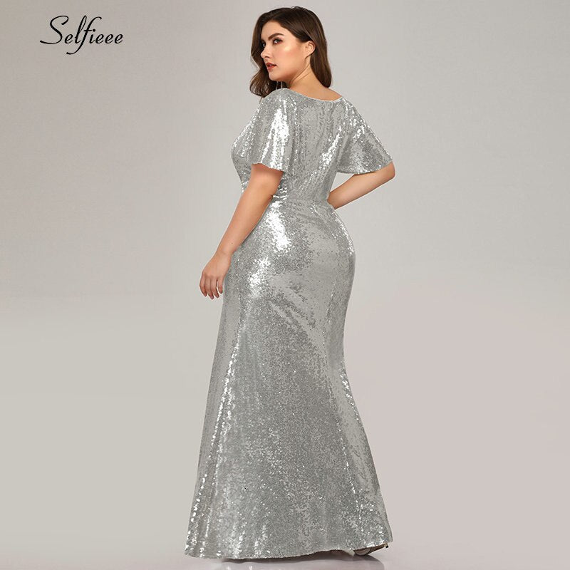 Plus Size Rose Gold Mermaid Women Dresses Short Sleeve Sequined V Neck Bodycon Elegant Maxi Dresses For Party Robe Femme 2020