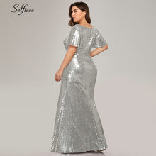 將圖片載入圖庫檢視器 Plus Size Rose Gold Mermaid Women Dresses Short Sleeve Sequined V Neck Bodycon Elegant Maxi Dresses For Party Robe Femme 2020