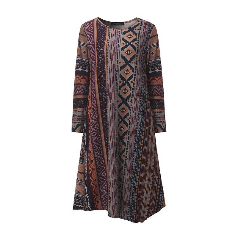 Plus Size Women Floral Print Asymmetric Hem Dress ZANZEA Autumn O Neck Long Sleeve Retro Midi Dress Leisure Kaftan Vestido 5xl