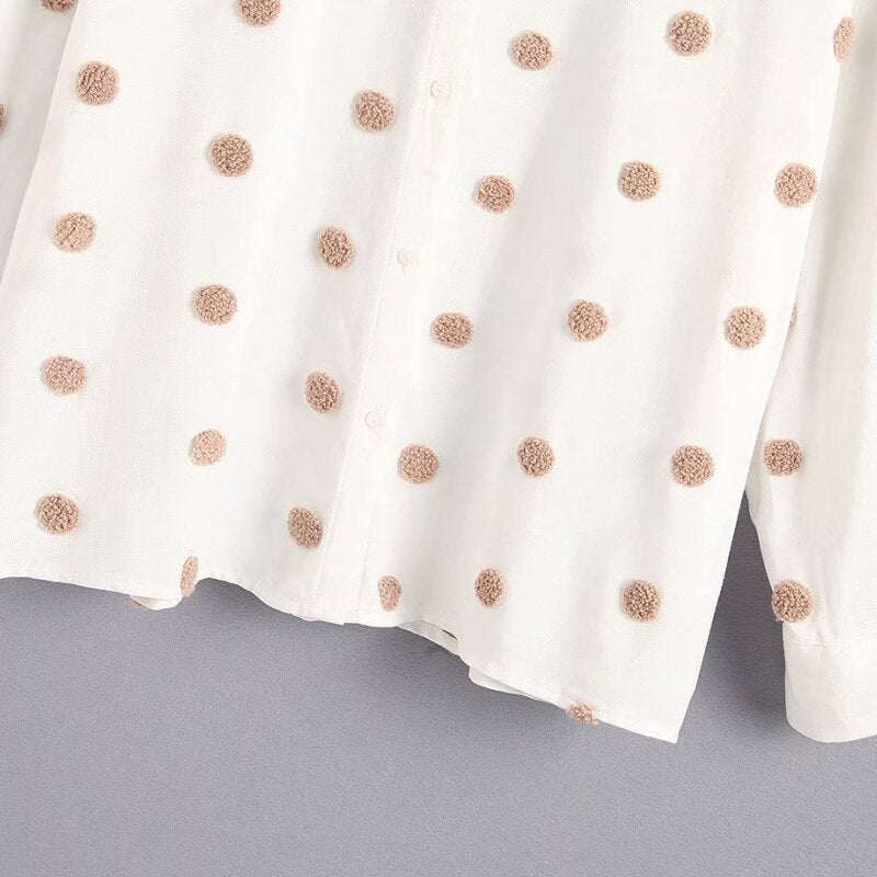 Polka Dot Embroidery Women Long Sleeve Shirt 2019 Autumn Leisure Lady Turn down Collar Blouse Loose Tops S6360