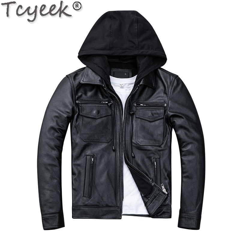 Quality Winter High Autumn Cow Leather Jacket Men Hooded Motorcycle Jackets Fashion Mens Clothing Chamarrasde Hombre LW01