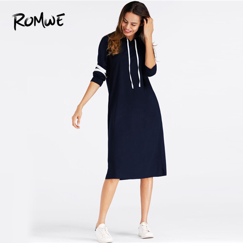 ROMWE Navy Varsity Striped Hoodie Dress with Front Pockets Casual 2019 Autumn Hooded Long Sleeve Clothing Knee Length Sweatshirt Dress