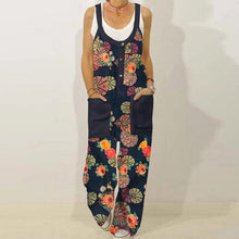 Load image into Gallery viewer, Retro Flower Print Cotton Linen Jumpsuit Summer Elegant Button Strappy Backless Bodysuit Sexy Pocket Loose Women Trousers Romper