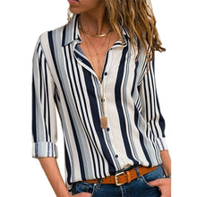 將圖片載入圖庫檢視器 Rogi Women Striped Button Blouse Casual Long Sleeve Blouses Shirts Elegant Office Lady Loose Shirt Tops Tunic Chemise Femme