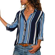 將圖片載入圖庫檢視器 Rogi Women Striped Button Blouse Casual Long Sleeve Blouses Shirts Elegant Office Lady Loose Shirt Tops Tunic Chemise Femme