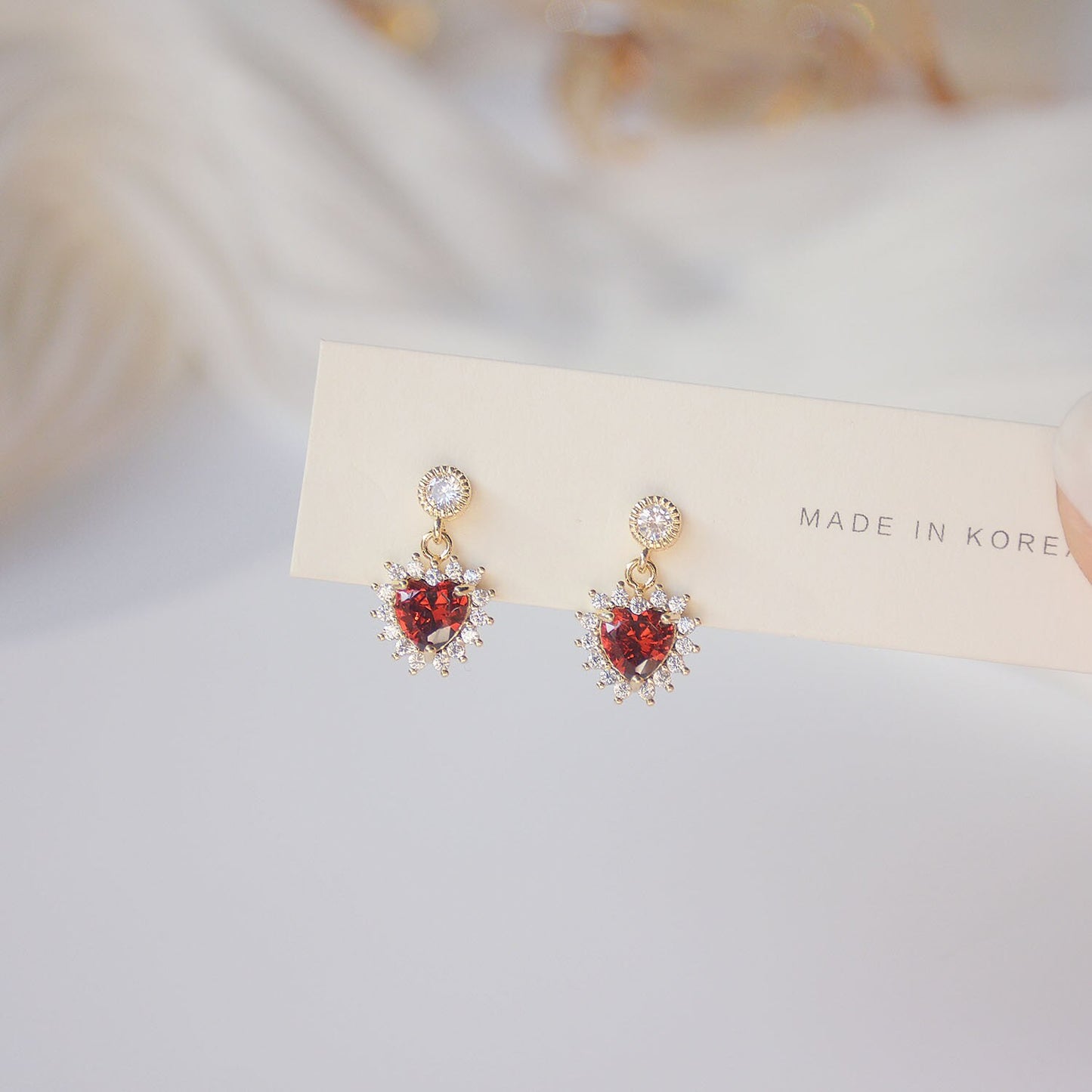 Romantic 14K Real Gold Heart Stud Earrings Japanese & Korea Delicate Jewelry Zircon Red Crystal Earrings