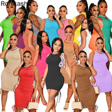 Load image into Gallery viewer, Ronikasha Women Sleeveless Bodycon Ruched Short Dress Side Drawstring Solid Crew Neck Casual Summer Tank Shirt Mini Dresses