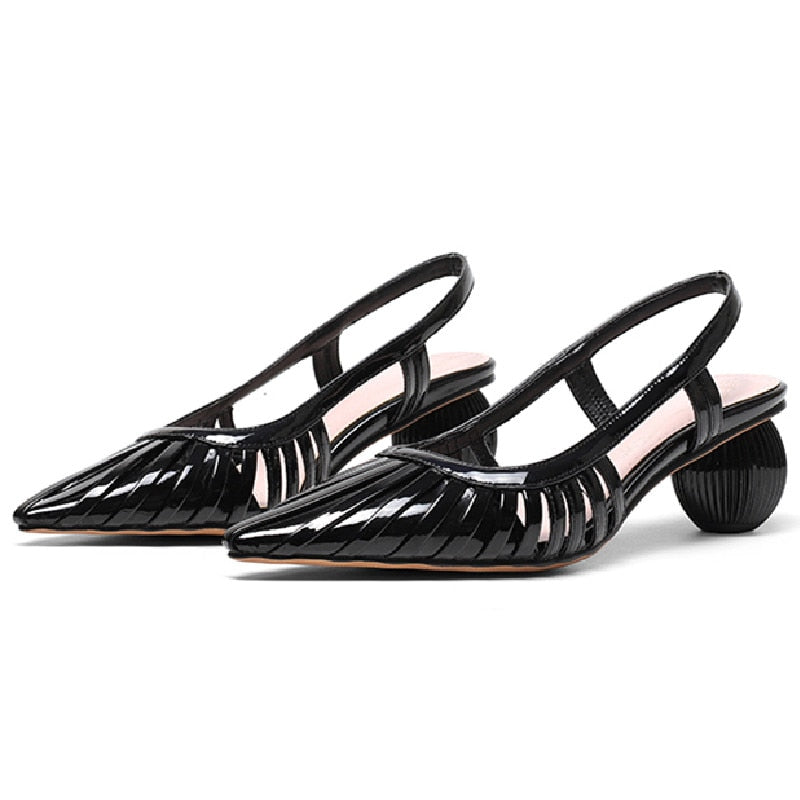 Round Heels Women's Sandals Genuine Leather Pointed Toe Summer Shoes For Women Slingbacks Nude Black Party Shoes Ladies Big Size
