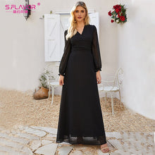 將圖片載入圖庫檢視器 S.FLAVOR 2020 Spring Black Chiffon Long Dress Bohemian V neck Maxi Boho Dress For Femme Women V neck Sexy Party Vestidos