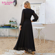 將圖片載入圖庫檢視器 S.FLAVOR 2020 Spring Black Chiffon Long Dress Bohemian V neck Maxi Boho Dress For Femme Women V neck Sexy Party Vestidos