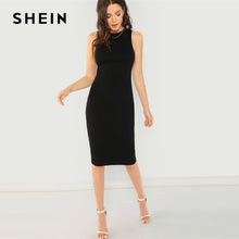 將圖片載入圖庫檢視器 SHEIN Black Elegant Solid Pencil Dress Slim Sleeveless Knee Length Sexy Workwear Dresses Women Plain Sheath Summer Dress