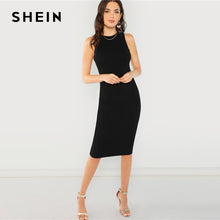 將圖片載入圖庫檢視器 SHEIN Black Elegant Solid Pencil Dress Slim Sleeveless Knee Length Sexy Workwear Dresses Women Plain Sheath Summer Dress