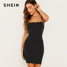 將圖片載入圖庫檢視器 SHEIN Black Form Fitting Scalloped Cami Dress Bodycon Sleeveless Slim Short Party Dress Women Autumn Highstreet Elegant Dresses