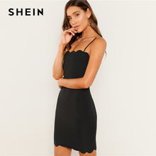 將圖片載入圖庫檢視器 SHEIN Black Form Fitting Scalloped Cami Dress Bodycon Sleeveless Slim Short Party Dress Women Autumn Highstreet Elegant Dresses