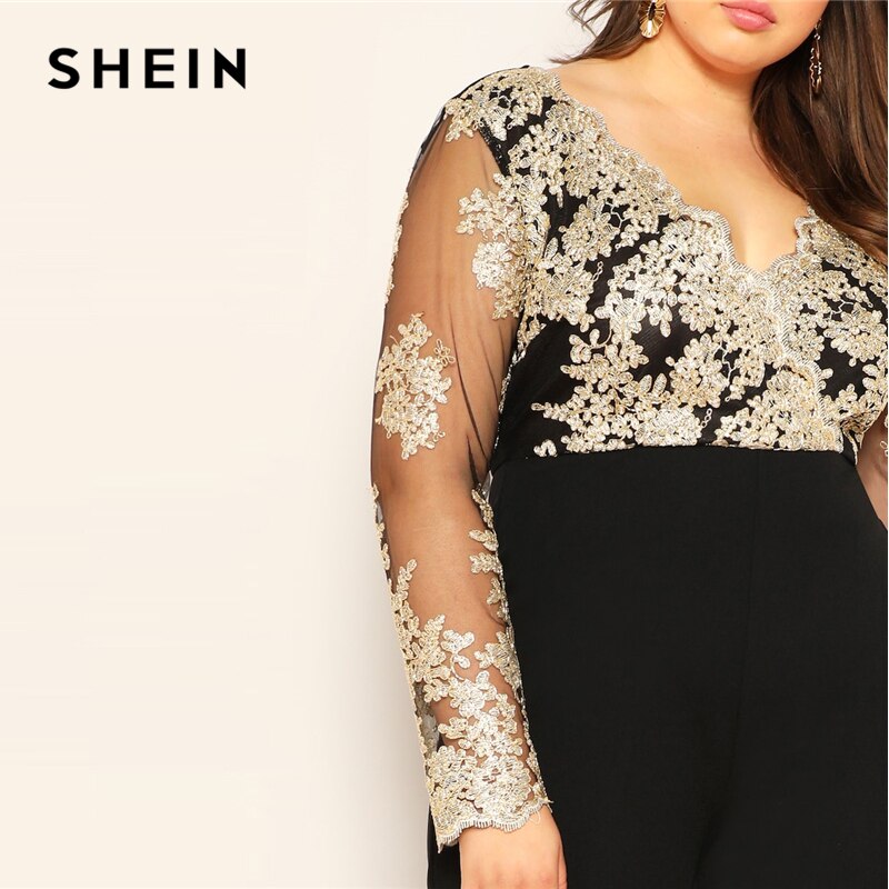 SHEIN Black Plus Size Embroidered Jumpsuit Contrast Mesh Bodice Wide Leg Women Plain Jumpsuits Deep V Neck Casual Longline Jumpsuit
