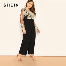 Load image into Gallery viewer, SHEIN Black Plus Size Embroidered Jumpsuit Contrast Mesh Bodice Wide Leg Women Plain Jumpsuits Deep V Neck Casual Longline Jumpsuit