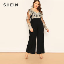 Load image into Gallery viewer, SHEIN Black Plus Size Embroidered Jumpsuit Contrast Mesh Bodice Wide Leg Women Plain Jumpsuits Deep V Neck Casual Longline Jumpsuit