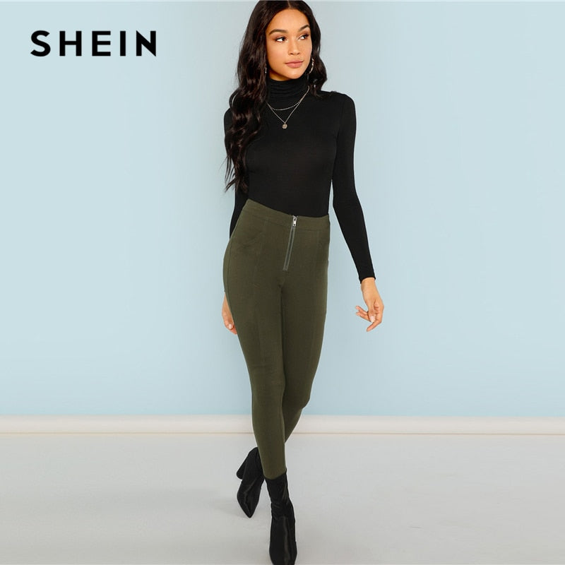 SHEIN Black Turtleneck Slim Fit Sweater Workwear Office Ladies Plain High Neck Long Sleeve Tee Women Autumn Minimalist