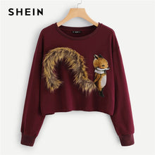 Load image into Gallery viewer, SHEIN Burgundy Faux Fur Fox Patch Sweatshirt Women Long Sleeve Round Neck Crop Pullovers Women Autumn Casual Sweatshirts