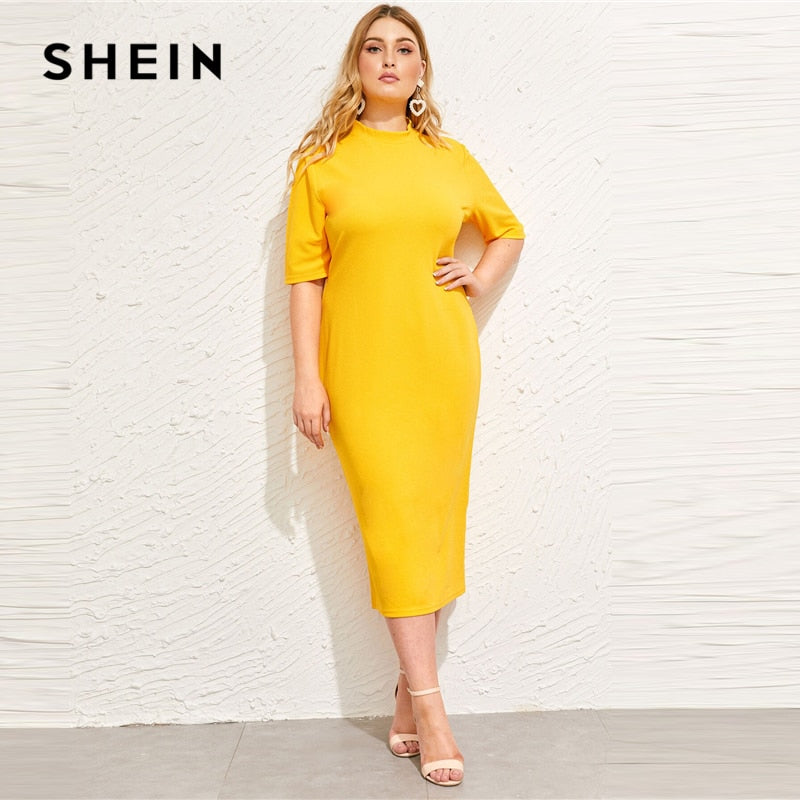 SHEIN Classy Black Plus Size Mock-neck Solid Pencil Slim Dress Women Spring Office Lady Bodycon Basics Plus Size Long Dresses