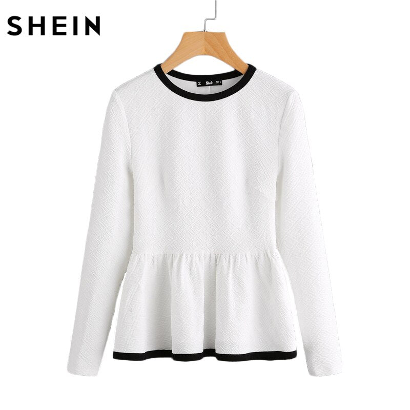 SHEIN Contrast Binding Textured Peplum Shirt White Women Tops Blouse Autumn Long Sleeve Elegant Fall 2017 Fashion Blouse