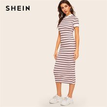 将图片加载到图库查看器,SHEIN Contrast Neck And Cuff Striped Pencil Dress 2019 Preppy Colorblock Stretchy Spring Autumn Bodycon Women Dresses