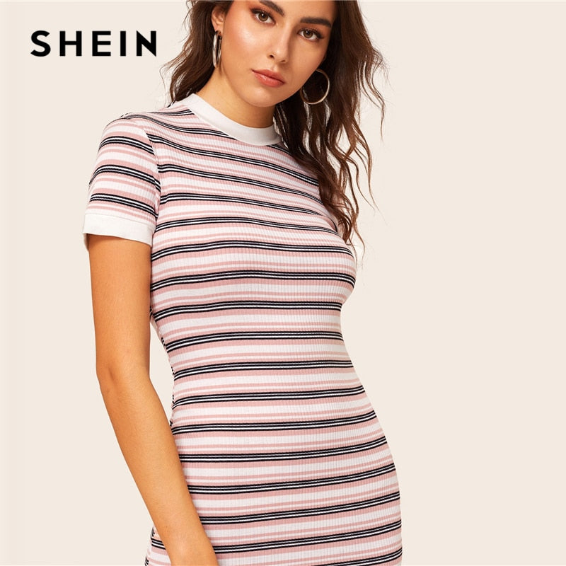 SHEIN Contrast Neck And Cuff Striped Pencil Dress 2019 Preppy Colorblock Stretchy Spring Autumn Bodycon Women Dresses