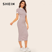 将图片加载到图库查看器,SHEIN Contrast Neck And Cuff Striped Pencil Dress 2019 Preppy Colorblock Stretchy Spring Autumn Bodycon Women Dresses