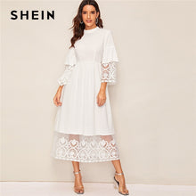 Load image into Gallery viewer, SHEIN Elegant Mock-Neck Embroidery Organza Cuff and Hem Long Dress Women Autumn Fit and Flare Dress Empire Abaya Dresses