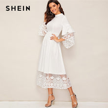 Load image into Gallery viewer, SHEIN Elegant Mock-Neck Embroidery Organza Cuff and Hem Long Dress Women Autumn Fit and Flare Dress Empire Abaya Dresses