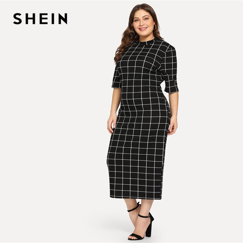 SHEIN Elegant Plaid Bodycon Plus Size Long Pencil Dresses Womens 2018 Office Lady Stand Collar Grid Print Slim Fit Dress