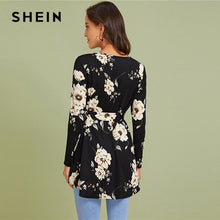 將圖片載入圖庫檢視器 SHEIN Floral Print Self Belted Dip Hem Blouse Top Women Spring Autumn Long Sleeve Round Neck Elegant Tops and Blouses