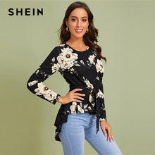 將圖片載入圖庫檢視器 SHEIN Floral Print Self Belted Dip Hem Blouse Top Women Spring Autumn Long Sleeve Round Neck Elegant Tops and Blouses