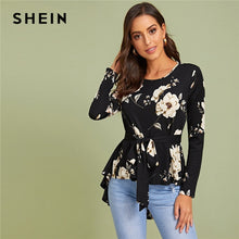 將圖片載入圖庫檢視器 SHEIN Floral Print Self Belted Dip Hem Blouse Top Women Spring Autumn Long Sleeve Round Neck Elegant Tops and Blouses