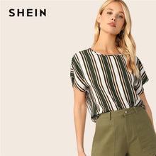 將圖片載入圖庫檢視器 SHEIN Keyhole Back Colorblock Striped Summer Blouse Womens Tops and Blouses Casual Batwing Sleeve Round Neck Ladies Tops