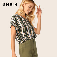 將圖片載入圖庫檢視器 SHEIN Keyhole Back Colorblock Striped Summer Blouse Womens Tops and Blouses Casual Batwing Sleeve Round Neck Ladies Tops