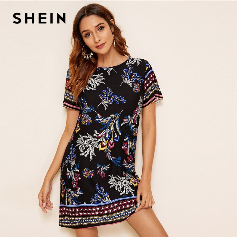 SHEIN Mixed Print Keyhole Back Tunic Summer Dress Women 2019 Short Sleeve Round Neck Boho Dress Straight Loose Mini Dresses