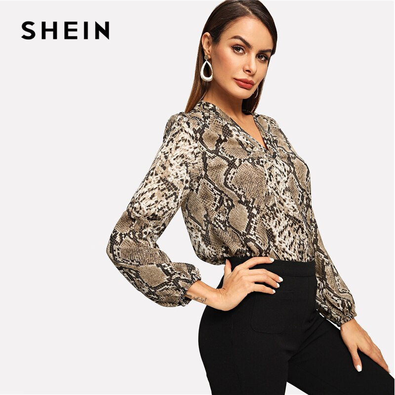 SHEIN Women's Multicolor Snakeskin V-neck Long Sleeve Workwear Blouse Autumn Women Modern Lady Women Tops And Blouse Office Business Clothes
