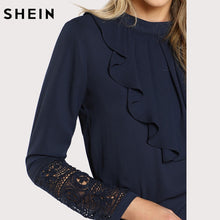 将图片加载到图库查看器,SHEIN Navy Blue Ruffle Blouse Elegant Contrast Lace Button Round Neck Long Sleeve Spring Keyhole Back Insert Lace Ruffle Top