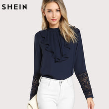 将图片加载到图库查看器,SHEIN Navy Blue Ruffle Blouse Elegant Contrast Lace Button Round Neck Long Sleeve Spring Keyhole Back Insert Lace Ruffle Top
