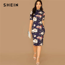 將圖片載入圖庫檢視器 SHEIN Navy Floral Print Stand Collar Elegant Bodycon Dress Women 2019 Autumn Short Sleeve Form Fitted Midi Pencil Dresses