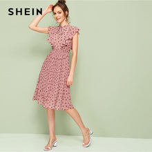 Load image into Gallery viewer, SHEIN Pink Tie Neck Ruffle Trim Dot Pleated Summer Midi Dress Women Cap Sleeve Stand Collar Fit and Flare Vintage Empire Dresses