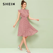 Load image into Gallery viewer, SHEIN Pink Tie Neck Ruffle Trim Dot Pleated Summer Midi Dress Women Cap Sleeve Stand Collar Fit and Flare Vintage Empire Dresses