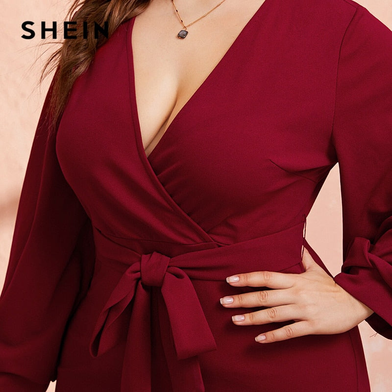 SHEIN Plus Size Burgundy Plunging Neck Wrap Belted Pencil Long Dress Women Autumn High Waist Fitted Slit Wrap Party Sexy Dresses