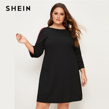 將圖片載入圖庫檢視器 SHEIN Plus Size Plus Black Striped Tape Detail Dress Women Summer Autumn 3/4 Length Sleeve Plus Casual Straight Short Dresses