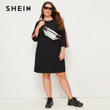 將圖片載入圖庫檢視器 SHEIN Plus Size Plus Black Striped Tape Detail Dress Women Summer Autumn 3/4 Length Sleeve Plus Casual Straight Short Dresses