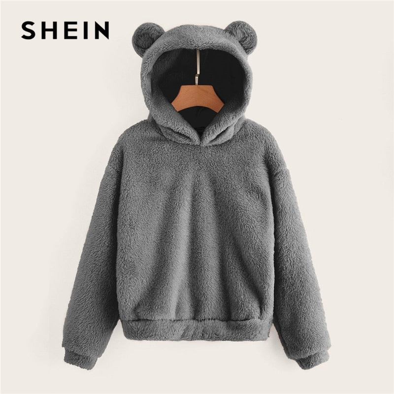 SHEIN Preppy Lovely With Bears Ears Solid Teddy Hoodie Pullovers Sweatshirt Autumn Women Campus Casual Sweatshirts