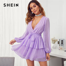 Charger l'image dans la galerie, SHEIN Purple Deep V Neck Double Layer Hem Swiss Dot Dress Women 2019 Autumn Bishop Sleeve Sexy Ladies Belted Short Dresses